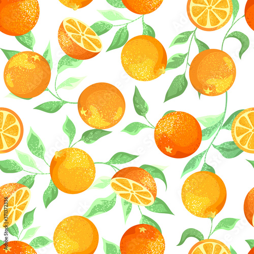 Orange branches and flowers on a white background. Seamless pattern