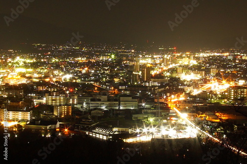 Aerial night panorama of the town called, SUWA in Nagano, Japan