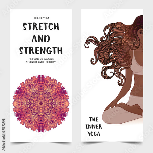 Yoga card design. African American woman in lotus pose. Colorful design template for spiritual retreat or yoga studio. Ornamental business cards, oriental pattern. Vector illustration.