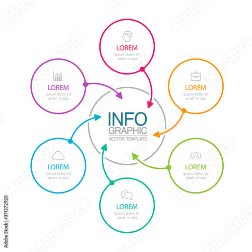 Vector infographic template, circle with 6 steps or options. Data presentation, business concept design for web, brochure, diagram.