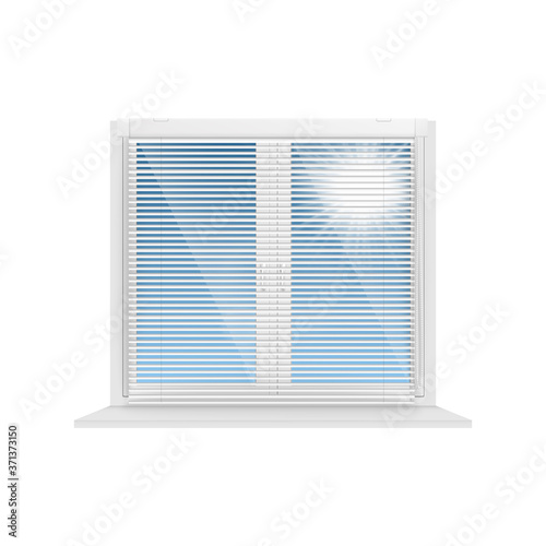Realistic window with striped jalousie blinds semi-open to show clear blue sky