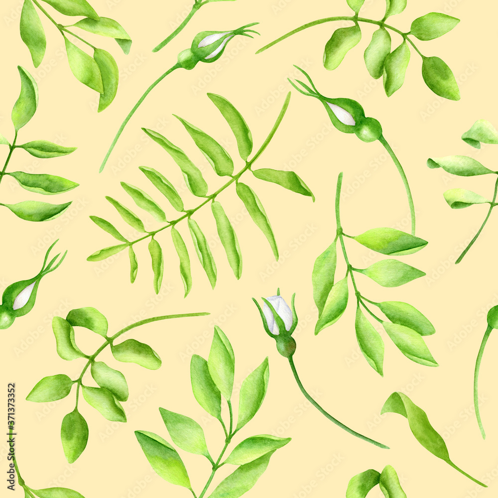 Fototapeta Watercolor green leaves seamless pattern. Hand drawn branches, twigs and flower buds on pastel yellow background. Vintage design for wallpaper, cards, decoration, wrapping paper, textile, decoupage
