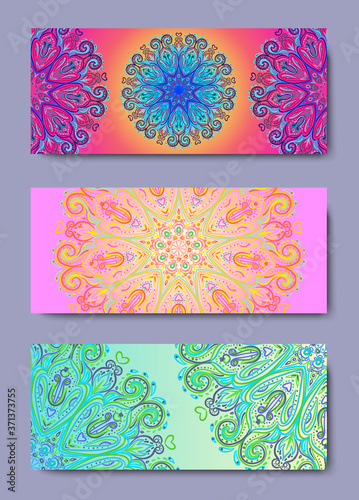 Yoga card, flyer, poster, mat design. Colorful template for spiritual retreat or yoga studio. Ornamental business cards, oriental pattern. Vector illustration