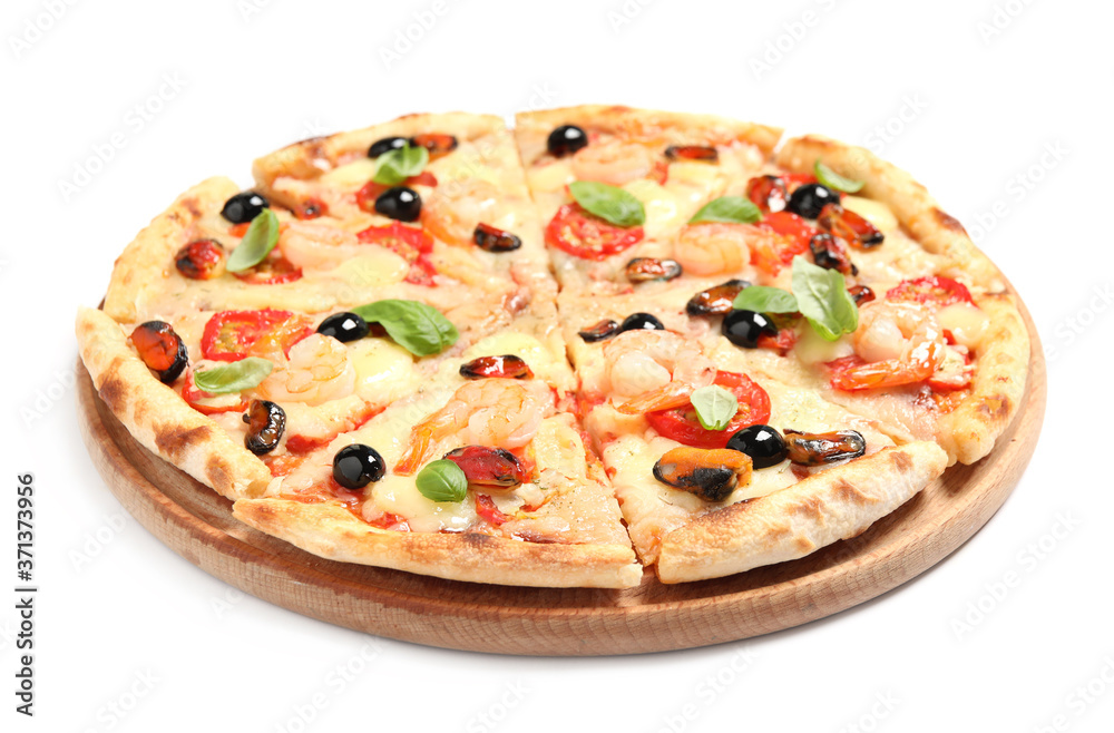 Tasty pizza with seafood isolated on white
