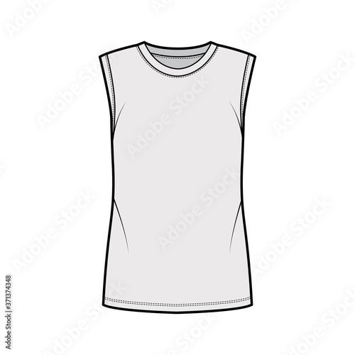 Cotton-jersey tank technical fashion illustration with crew neckline, oversized, cut armholes. Flat outwear basic shirt apparel template front, grey color. Women, men unisex top CAD mockup