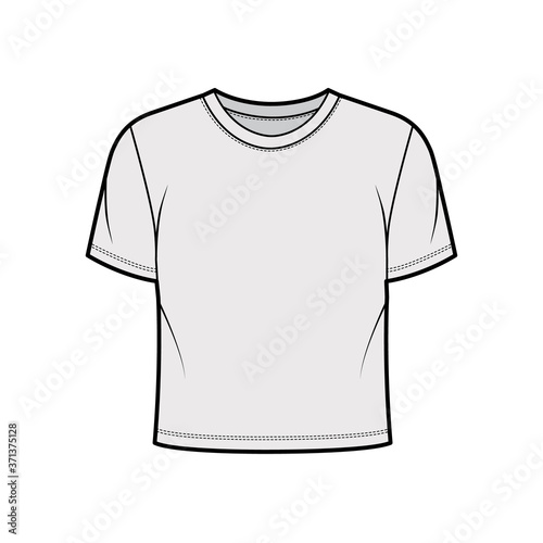 Cropped cotton-jersey t-shirt technical fashion illustration with relaxed fit, crew neckline, short sleeves. Flat outwear basic apparel template front grey color. Women men unisex top CAD mockup 