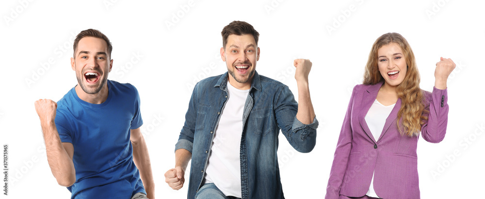 Obraz premium Collage with photos of happy people celebrating victory on white background. Banner design