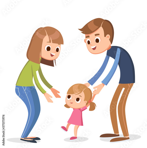 Happy family with baby girl walking first steps. Sweet parenting flashbacks. Loving parents nursing their baby girl child.