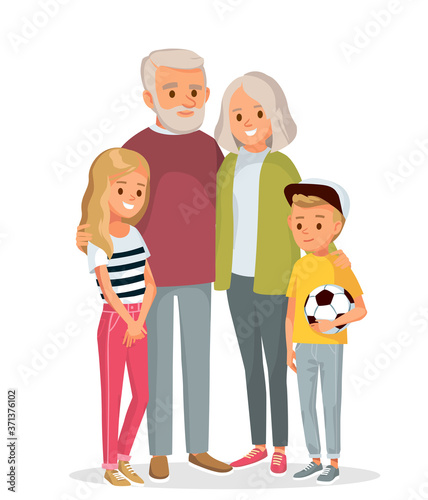 Senior couple with grandchildren. Grandma grandpa and grandson with granddaughter. Relatives generations holiday weekend meeting.
