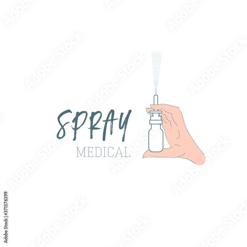 Medical spray in hand. Isolated illustration of a hand with a bottle of spray, inhaler, medicine.