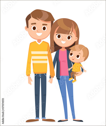 Portrait of happy family of 3 three members parents mom mother dad father and child kid son posing standing together mother with boy, child son on hands.