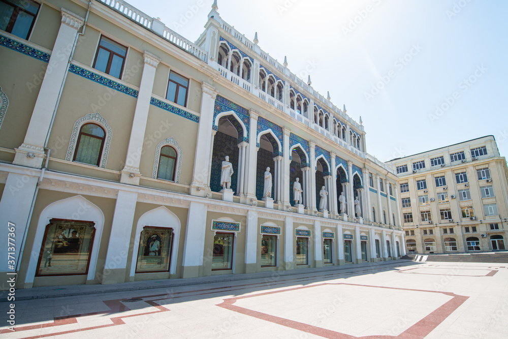 Baku, Azerbaijan - April 29, 2020 - The National museum of Azerbaijan literature named after Azerbaijan poet and philosopher Nizami Ganjavi. Museum located on the Fountain Square in Baku