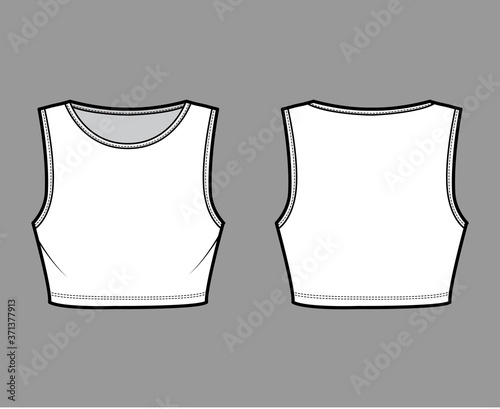 Under bust crop top technical fashion illustration with slim fit, crew neckline cotton-jersey tank. Flat outwear camisole apparel template front, back, white color. Women men unisex shirt CAD mockup