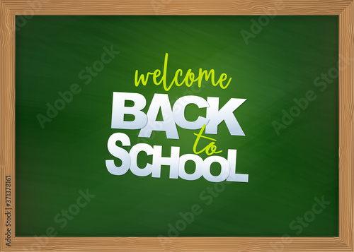 Back to school. Education sale banner with lettering. Green chalkboard with wooden frame. Realistic 3d illustration.