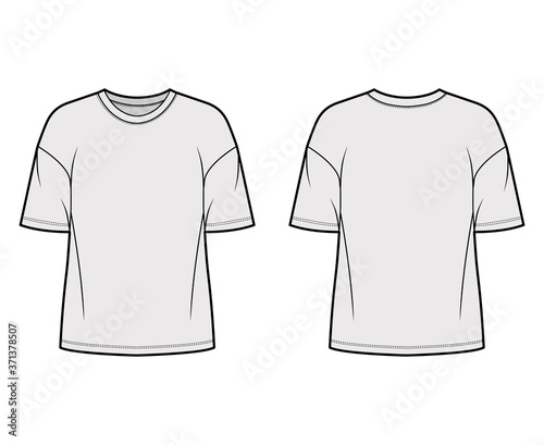 Cotton-jersey t-shirt technical fashion illustration with crew neckline, elbow sleeves, dropped shoulders. Flat outwear basic apparel template front, back grey color. Women men unisex top CAD mockup
