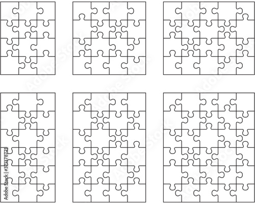 Six different white jigsaw puzzles, separate pieces