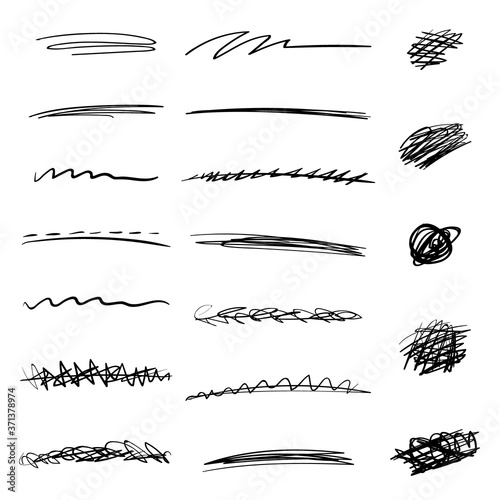 Set of handmade lines, brush lines, underlines, strikethrough, lattice, hatching. Hand-drawn collection of doodle style various shapes. Art Lines. Isolated on white. Vector illustration