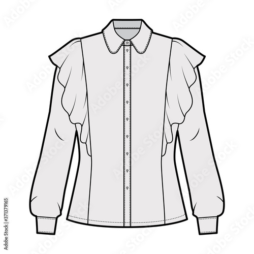 Shirt technical fashion illustration with fitted body, round collar with stand, ruffled and long sleeves with cuff. Flat blouse apparel template front, grey color. Women, men top unisex CAD mockup