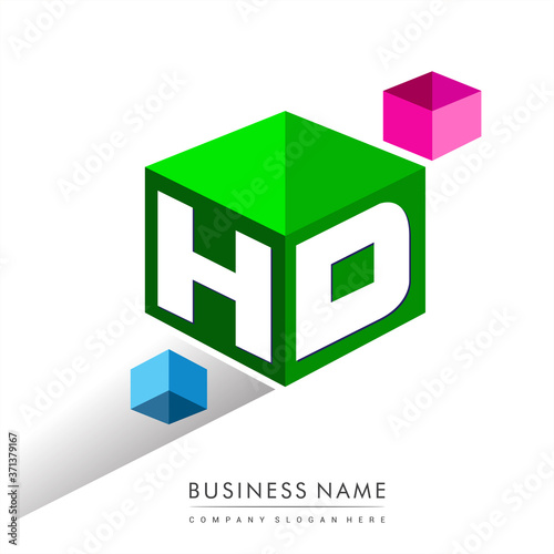 Letter HD logo in hexagon shape and green background, cube logo with letter design for company identity.