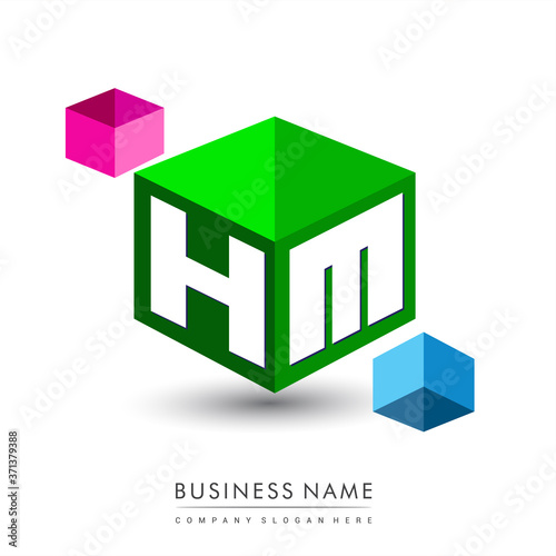 Letter HM logo in hexagon shape and green background, cube logo with letter design for company identity.