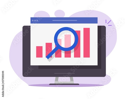 Financial audit sales research analysis report online on desktop computer pc web analytics digital report vector flat, accounting finance market statistic inspection concept modern design