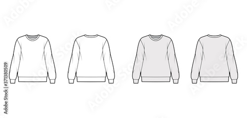 Cotton-terry oversized sweatshirt technical fashion illustration with relaxed fit, crew neckline, long sleeves. Flat jumper apparel template front, back white, grey color. Women, men, unisex top CAD