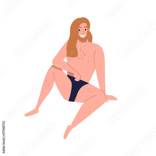 Young body positive hairy man with long hair sitting in beachwear or swimsuit. Happy, cheerful, slim and fit male character. Boy modern naked model. Flat vector cartoon illustration isolated on white