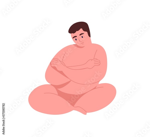 Young big, body positive, fatty man. Happy or embarrassed naked adult male character fold arms. Overweight, plus size, obesity problem. Flat vector cartoon illustration isolated on white background
