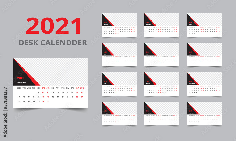 Desk calendar design 2021 template Set of 12 Months, Week starts Monday, Stationery design, calendar planner

