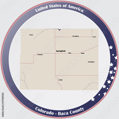 Round button with detailed map of Baca County in Colorado, USA. photo