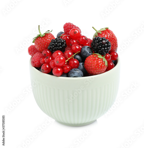 Mix of berries in bowl isolated on white