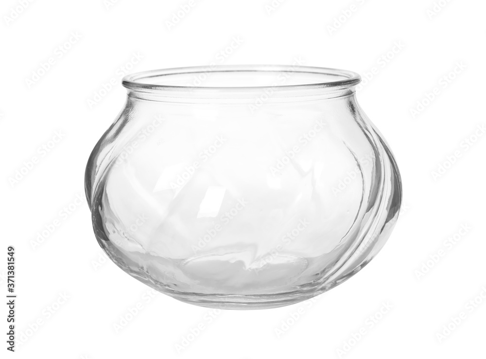 Stylish empty glass vase isolated on white