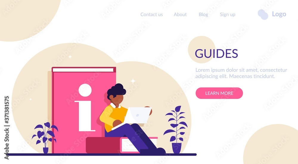 Guides Online Version. Man sitting on a book is studying manuals using a laptop. Modern flat vector illustration.