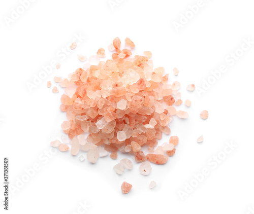 Pile of pink himalayan salt isolated on white, top view