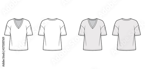 Cotton-jersey t-shirt technical fashion illustration with plunging V-neckline, elbow sleeves, dropped shoulders. Flat outwear basic apparel template front back white grey color. Women men unisex top