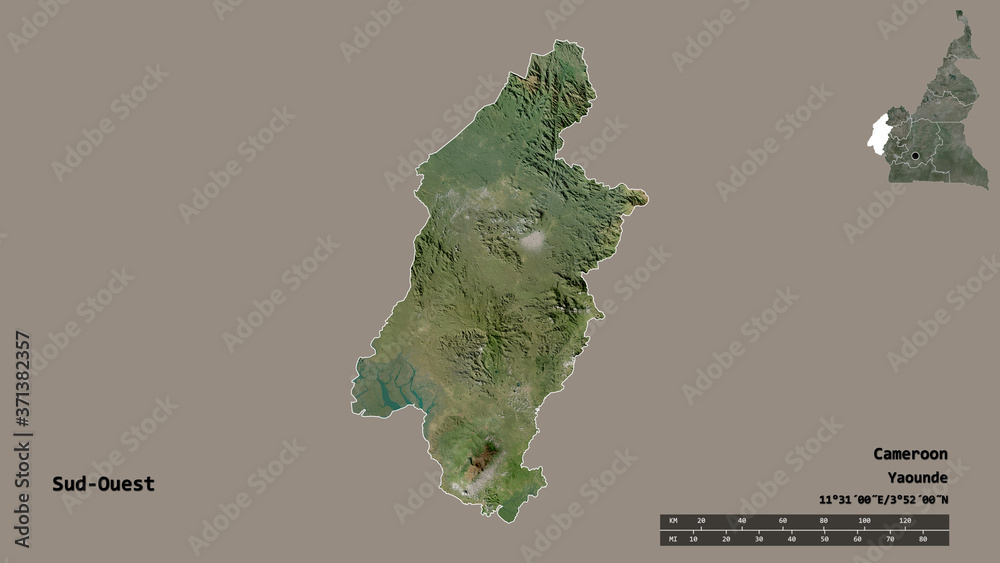 Sud-Ouest, region of Cameroon, zoomed. Satellite