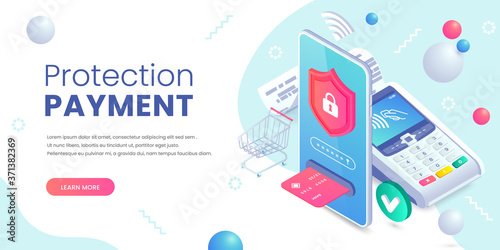 Internet payments protection banner. Secure nfc smartphone payment isometric concept. Online security vector illustration with 3d mobile phone, pos terminal, shopping cart for web, mobile app