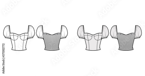 Jewel cropped shirred corset-style top technical fashion illustration with puffed shoulders, molded cups, close fit, shirred back. Flat template front, back, white, grey color. Women men, unisex shirt