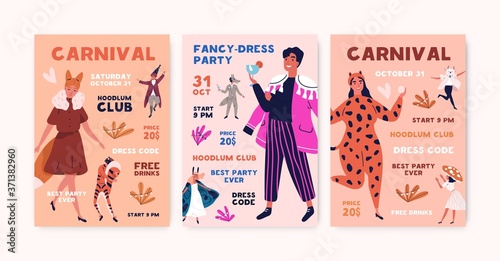 Fancy dress party poster, flyer or invitation. Set of people in carnival, masquerade costumes, clothes. Festive, holiday celebration. Flat vector cartoon illustration isolated on white background