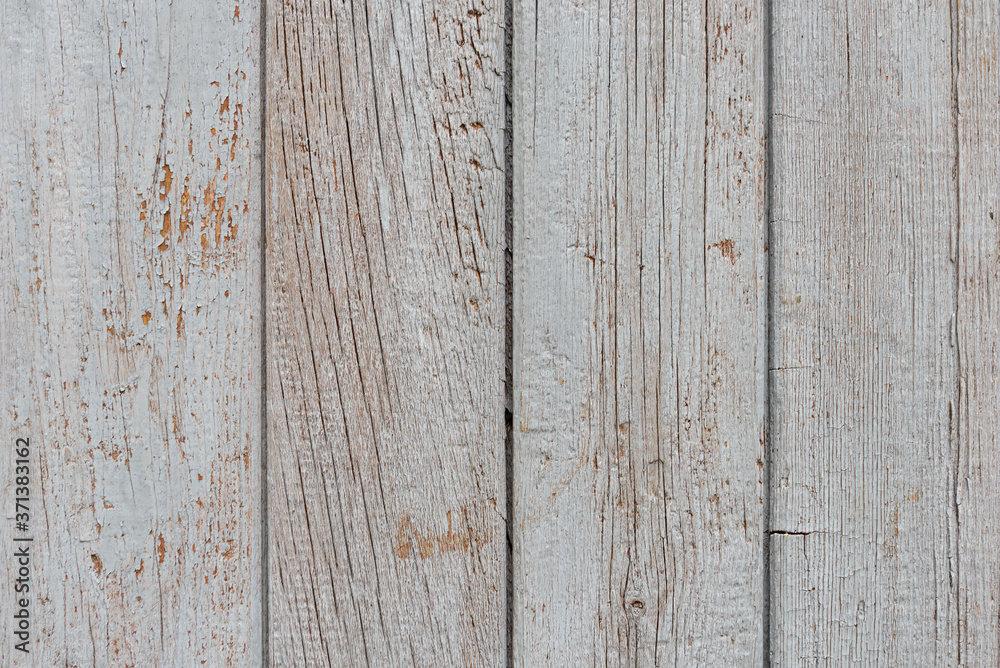 Old wooden vertical boards with peeled gray paint