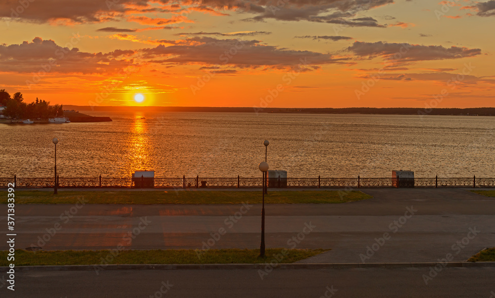 Embankment of the Volga River in the city of Cheboksary. Summer evening.