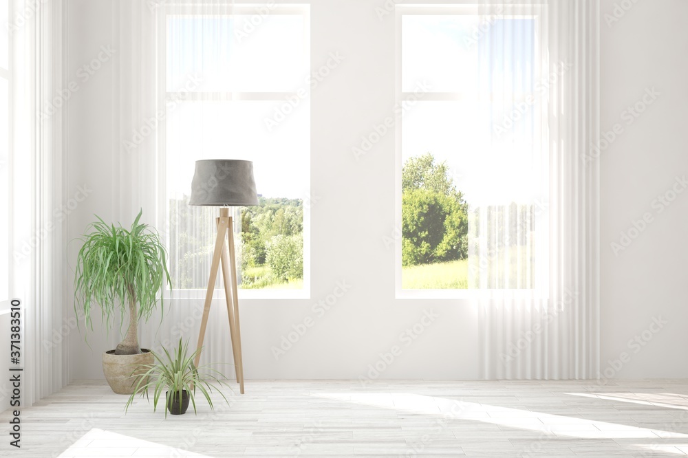 Fototapeta premium White stylish empty room with summer landscape in window. Scandinavian interior design. 3D illustration