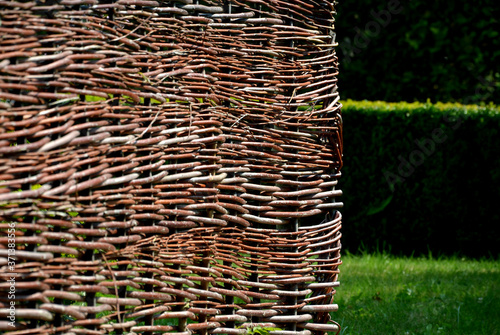 wicker braided wall of willow red rods in the garden of medieval style with supporting poles dividing the flowerbeds of the herb garden girls' work photo