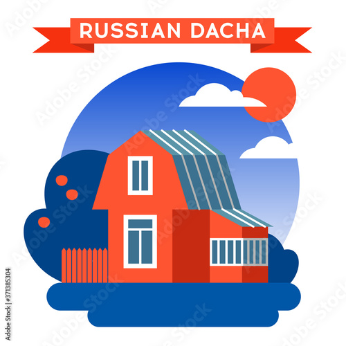 Vector illustration of russion dacha house in flat style with fence and garden