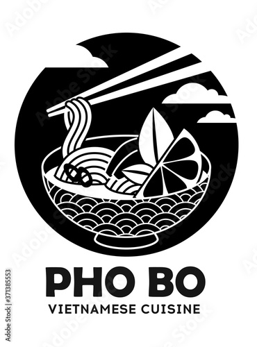 Vector illustration of tradidion vietnamese soup Pho bo isolated on white. Logo for asian restorant photo