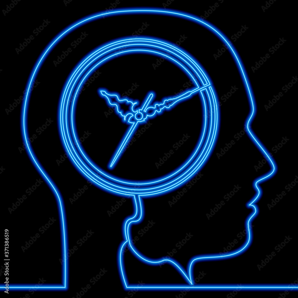 Continuous line drawing head with clock icon neon Continuous line drawing head with clock icon neon