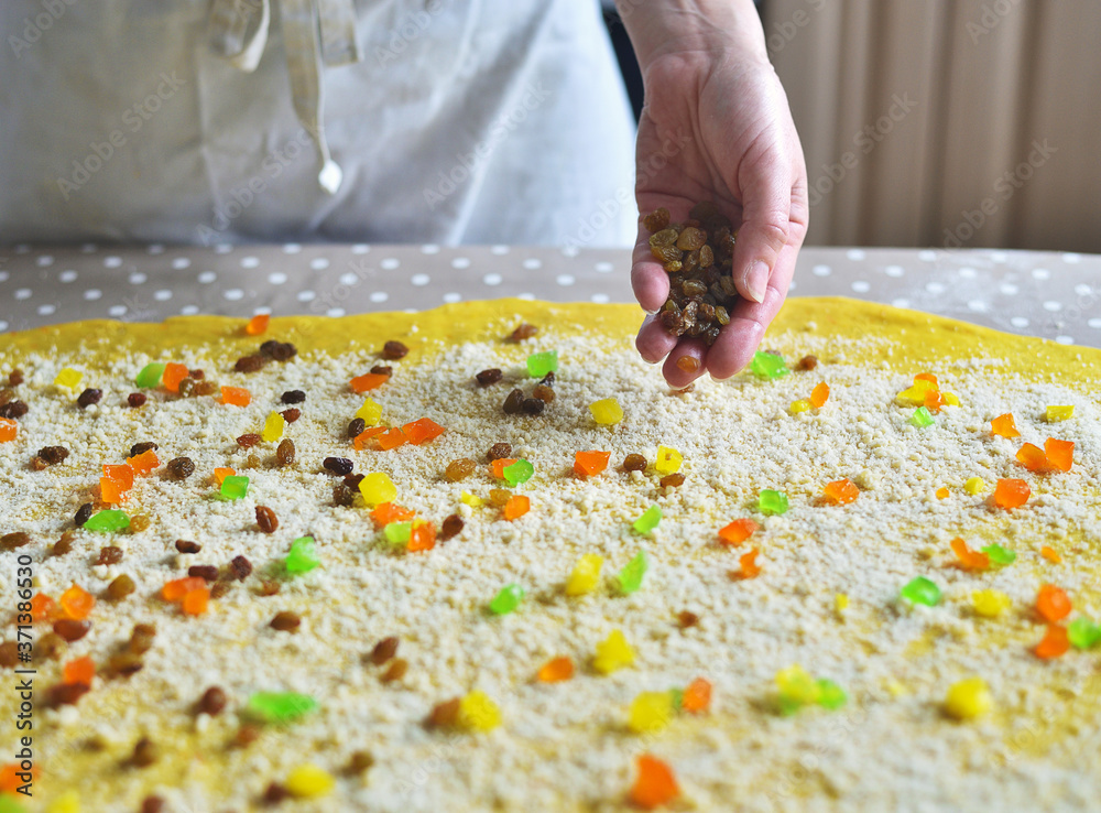 woman's hand sprinkles the dough with candied fruits and raisins woman's hand sprinkles the dough with candied fruits and raisins