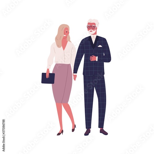 Modern elderly couple holding hands and walking together. Stylish woman and man in love, wearing trendy formal dress and costume. Flat vector cartoon illustration isolated on white background