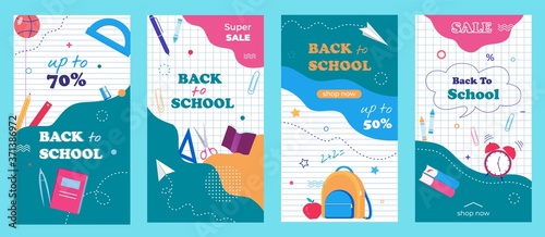 Back to school Stories template for social media, apps, print. Sale flyers set with a modern abstract, notebook paper background and school items vector illustration.