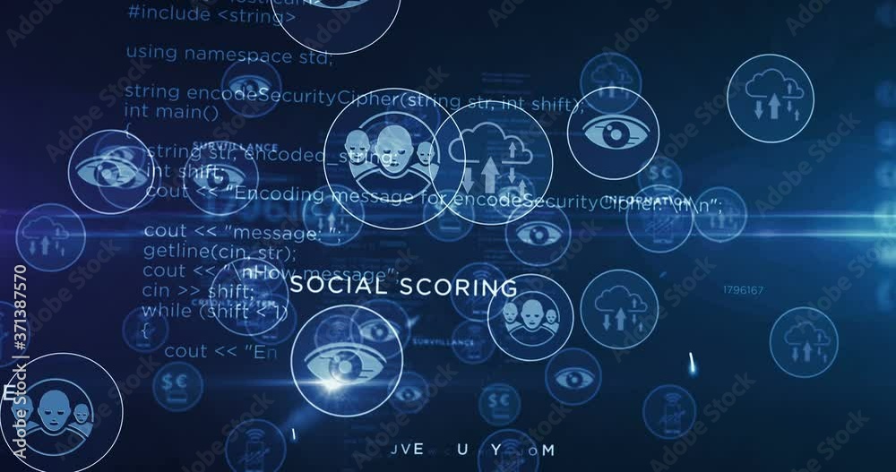 Social scoring, privacy, personal surveillance, cyber supervise, information spying technology symbols 3d rendering abstract concept animation. Icons loopable seamless futuristic digital background. Social scoring, privacy, personal surveillance, cyber supervise, information spying technology symbols 3d rendering abstract concept animation. Icons loopable seamless futuristic digital background.